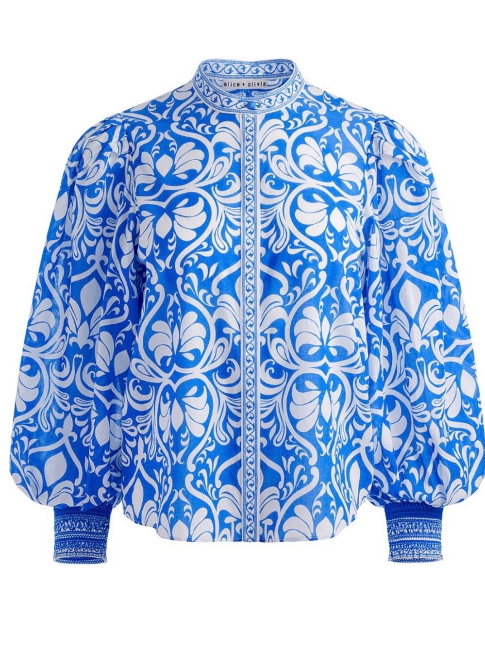 Alice + Olivia Blue and White Floral-Print Balloon Sleeve Blouse - Picture 5 of 8
